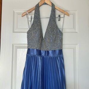 Riva Periwinkle Pleated Rhinestone and Bead Halter Gown